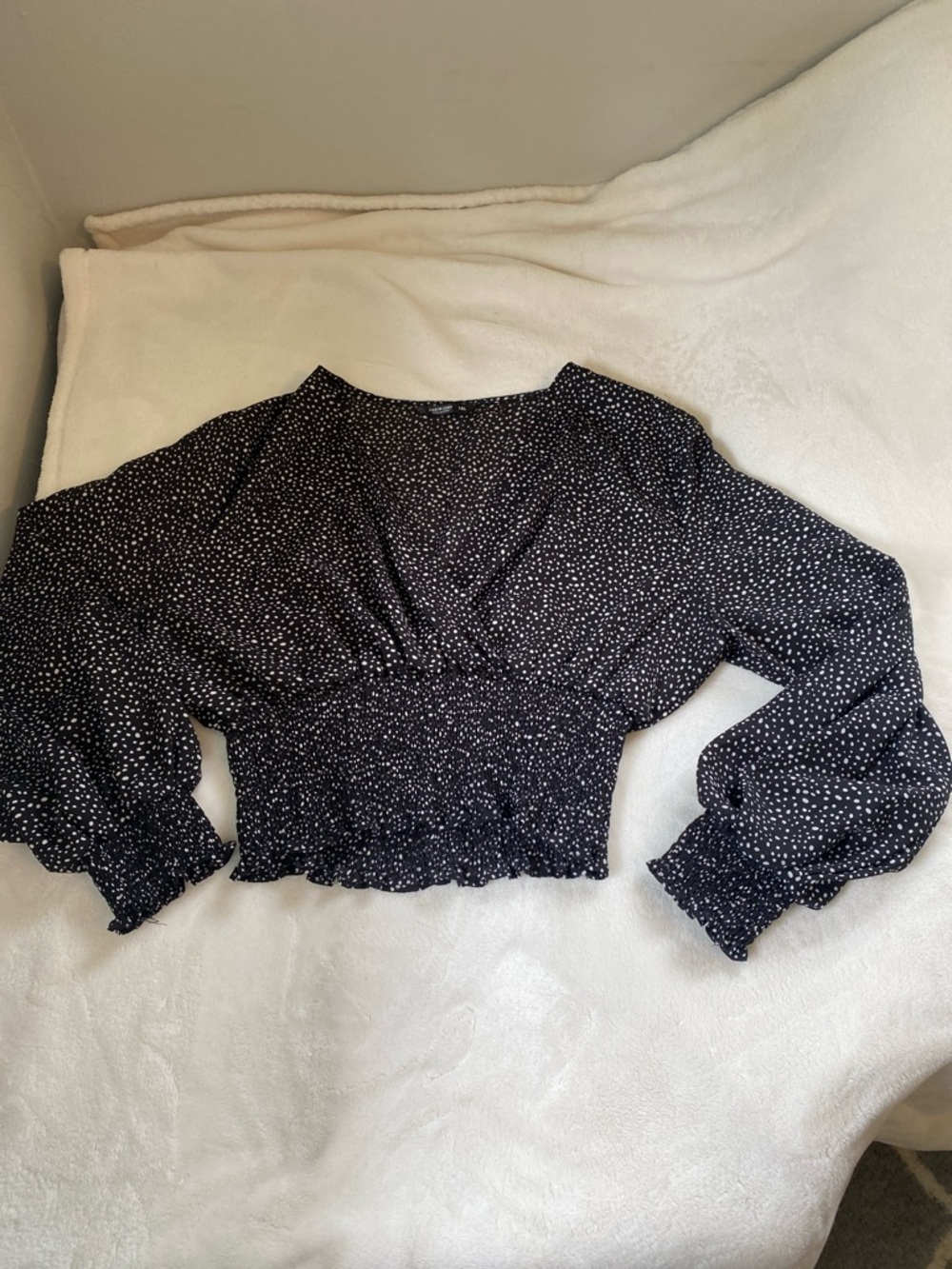 SHEIN Black White Polka Dot Smocked Crop Blouse